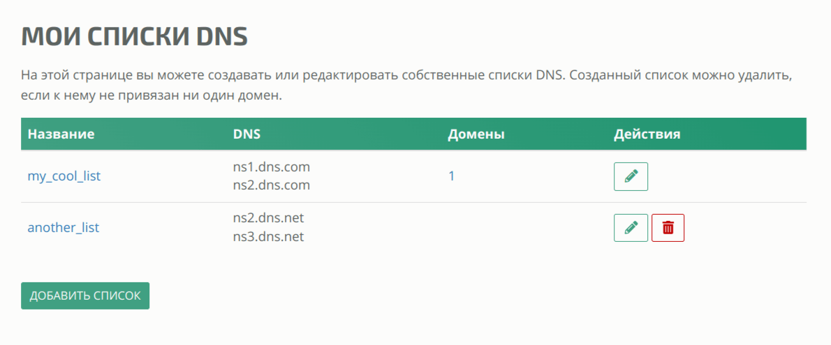 Страница управления списками DNS